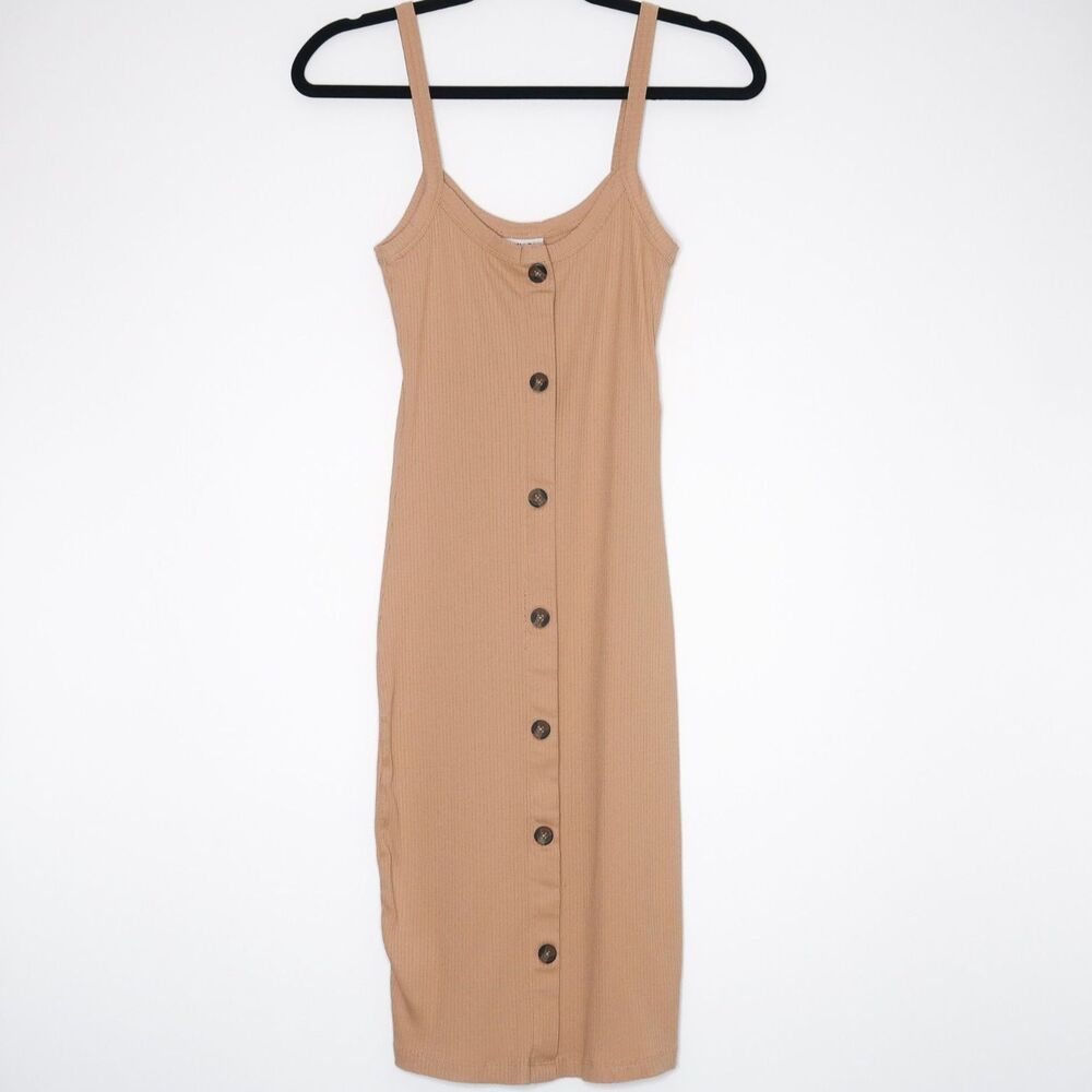Sleeveless Button-Front Tan Ribbed Midi Dress